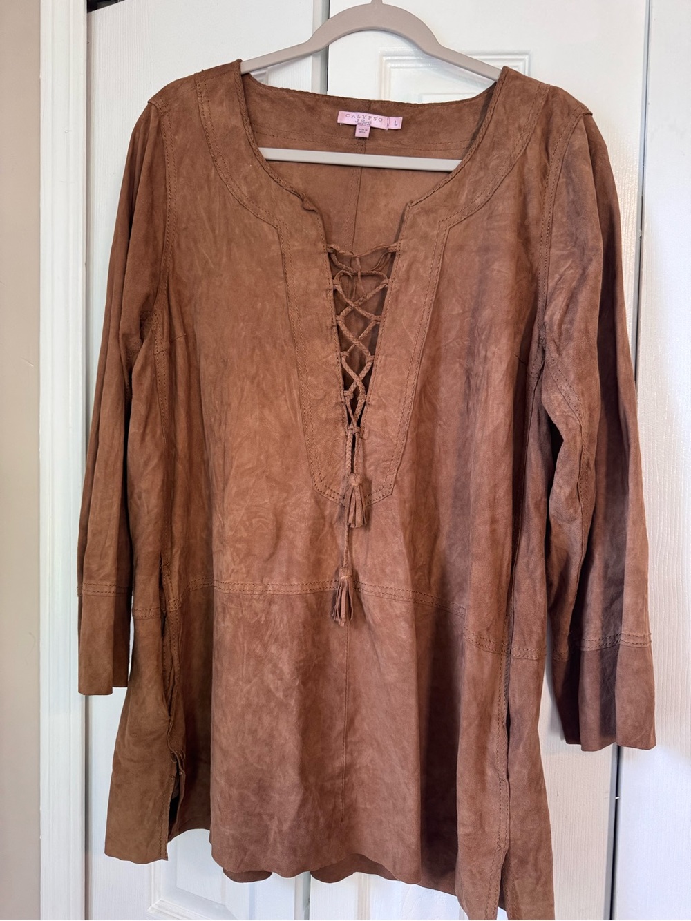 Calypso St Barth Cognac Brown 100% Genuine Suede Leather Lace Up Tunic Dress L